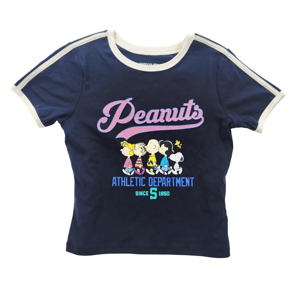 Peanuts Athletic Department Navy Ringer T-Shirt Kids Medium Snoopy Charlie Brown